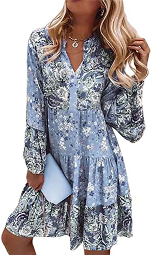 ORANDESIGNE Femmes Robe Dété Boho Courte Fleur Tunique Blouse Manches 3/4 Col en V Ethnique Chic Robe de Plage Sexy Casual Légère Mini Robe X10 Bleu XS