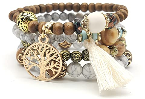 ALLY-MAGIC Boho Beaded Bracelets for Women, Multi-Layer Wooden & Elastic Bracelets with Tassels & Tree of Life Pendant, Love Statement Bangles - Christmas Women Gift Y9-DCCZSL(1)