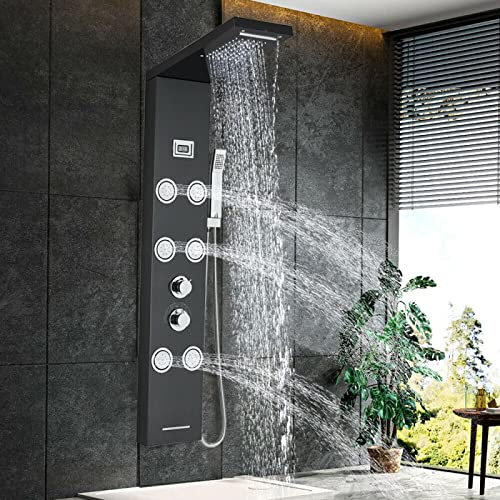 NEWCES Schwarzer Edelstahl-Duschpaneel-Turm-Regenfall-Wasserfall-Duschkopf mit Massagedüsen Body System Jet