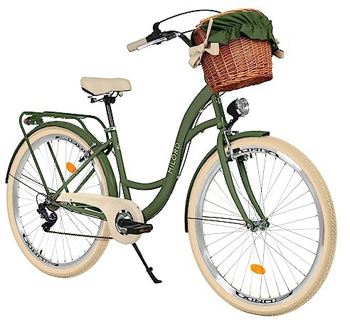 Balticuz OU Komfort Fahrrad Citybike Mit Weidenkorb Damenfahrrad Hollandrad Retro, 26 Zoll, Grün-Creme, 7-Gang