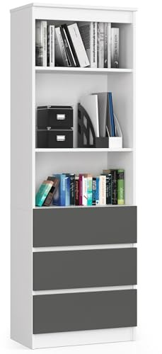 AKORD Büro-Bücherregal CLP 60 cm | 3 Schubladen 3 Einlegeböden stehend | für Schrank Wohnzimmer Schlafzimmer Bücherregale| Minimalistisch | Laminierte Platte 16 mm | White + Graphite Grey Front