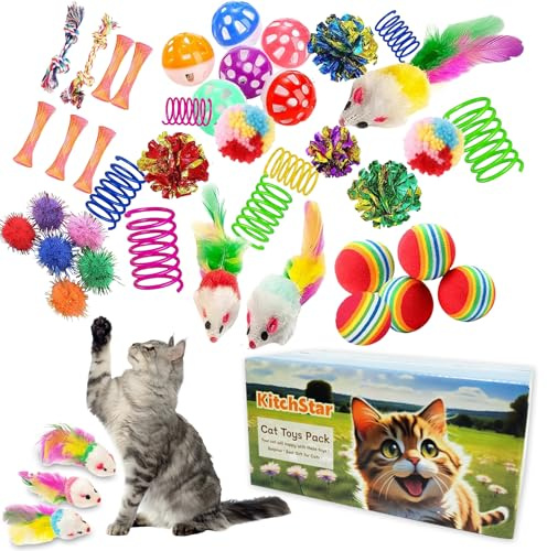 KITCHSTAR 46 PCS Cat Toys for Indoor Cats, Kitten Toys with Cat Spring Toy, Mint Catnip with Crinkle Mouse Ball for Indoor Cats Kittens Exercise