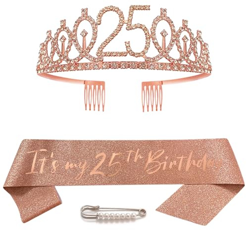 Huture Banda de cumpleaños número 25, corona de reina, corona de princesa, diadema de cumpleaños de 25 cumpleaños, banda de feliz cumpleaños, corona y banda para niñas y mujeres, decoración de fiesta