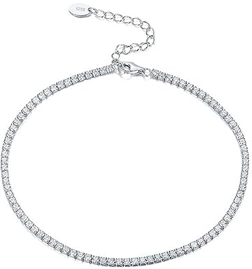 Mesnt Fußkettchen Silber, 925 Silber Weiße Cubic Zirkonia Tennis Kette Fußkettchen 25cm für Frauen Silber