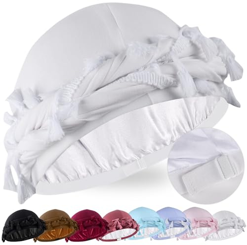 Babalet Turbante Halo para hombres y mujeres, con forro de satén, Durag, gorro de calavera, borlas preatadas, trenzado, gorro vintage, 1 unidad, color blanco, Talla única