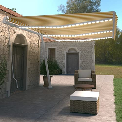 Sichtschutz Balkon Überdachung haustür Haustürüberdachungen Gelenkarmmarkise Einziehbar mit LED 600x350 cm Gelb und WeißGeeignet für Tür Terrasse Balkon