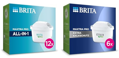 BRITA Wasserfilter-Kartusche MAXTRA PRO All-in-1 – 12er Pack & Wasserfilter-Kartusche MAXTRA PRO Extra Kalkschutz – 6er Pack Original BRITA Ersatzkartusche für Geräteschutz und Reduzierung von Kalk
