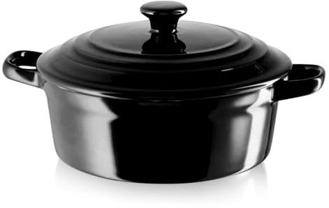 KHG Auflaufform mit Deckel, Schwarz 0,5 Liter klein, Keramik Steingut rund, Servierform mit Griffen, ofenfest 200°C & mikrowellenfest, Schmortopf, Mini-Bräter, Mini-Cocotte