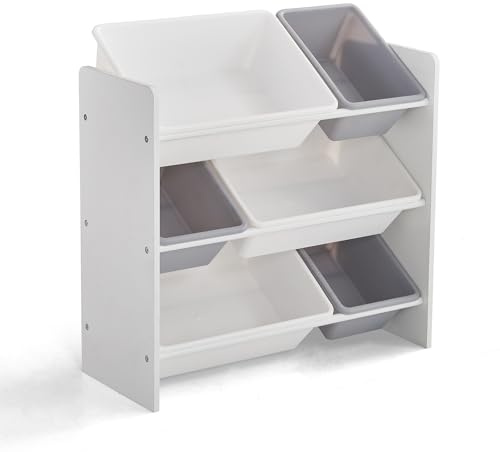 Kidoz Wooden Toy Organiser, 3 Shelf Toy Storage with 6 Removable Plastic Bins (White, 3 Shelf)