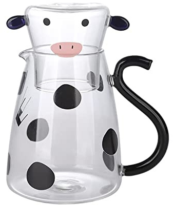 Cow Bedside Water Carafe and Glass Set, Cute Cartoon Night Water Carafe Jug, 17 Oz Glass Pitcher with Cup for Milk Water Lemonade Juice, Cow Shape Night Stand Drink Bottle for Home Office(500ML)