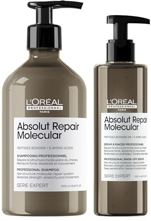 L'Oréal Professionnel XL-Duo für strukturgeschädigtes Haar, Zur molekularen Tiefenreparatur, Mit Peptidbondern & Aminosäuren, Serie Expert, Absolut Repair Molecular Shampoo 500ml & Rinse-Off Serum