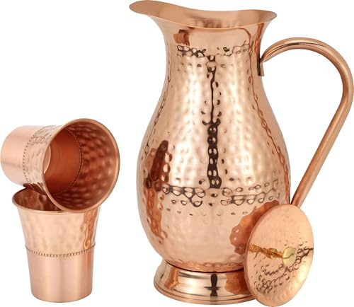 Brocca in rame puro grande (2000 ml) con 2 eleganti bicchieri per acqua potabile | vaso | set di brocche d'acqua