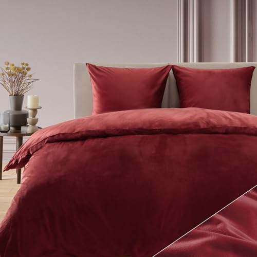 Blumtal Winterbettwäsche 155x220 cm Cashmere-Touch Plüsch – kuscheliges Mikrofaser-Set, Oeko-TEX Zertifiziert, 1 Deckenbezug + 2 Kissenbezüge 80x80 cm – Rot