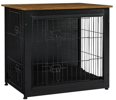 DWANTON Hundekäfig-Möbel mit Kissen, Hundekäfig aus Holz mit Doppeltüren, Hundemöbel, Hundehütte Indoor für kleine Hunde, Beistelltisch, 69,1 cm L, Schwarz + Warmbraun