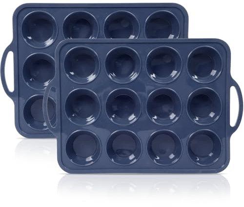SUPER KITCHEN 2Pack 12 Cup Regular Size Silicone Muffin Trays with Metal Frame, Silicone Cupcake Tray with Handle, NonStick Yorkshire Pudding Tray, Silicon Muffin Moulds for Baking, Muffin Tins, Grey
