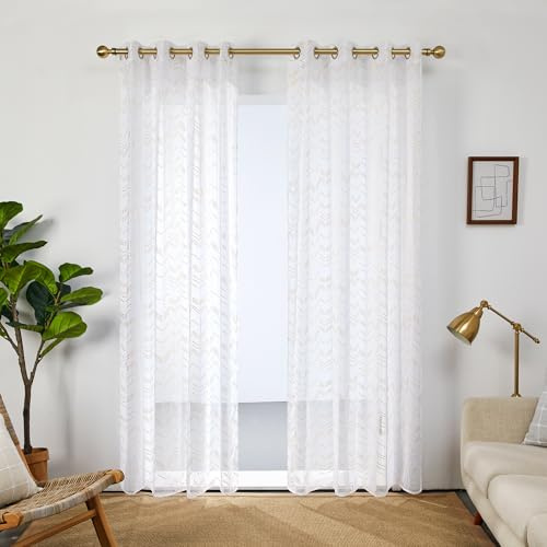 Deconovo Gardinen mit Ösen Lichtdurchlässige Vorhang Transparent Moderne Voile Vorhänge Wohnzimmer Gardinenschal mit Linienmuster Dekoscha für Balkone und Terrassen, 260x140 cm, Weiß, 2er Set