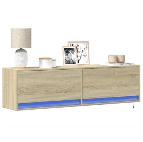 Homgoday Meuble TV mural avec lumières LED chêne Sonoma 140 x 31 x 38 cm, meuble TV meuble bas pour TV pour table de salon industrielle, support TV salon