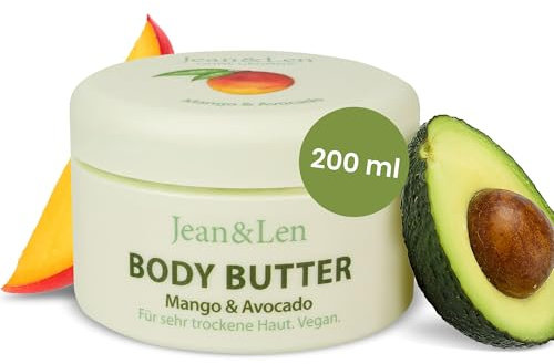 Jean & Len Exotische Body Butter Mango & Avocado, pflegt trockene bis sehr trockene Haut intensiv, pH-hautideal, mit exotischem Mango-Duft, Körperbutter, ohne Parabene & Silikone, 200 ml