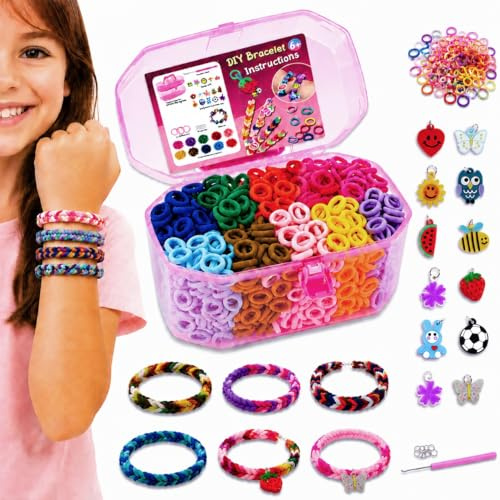 FunzBo 1 000 + vävbandssats, 10 färger, vävband, färgglada sömlösa hårband, elastiskt gummiband, vänskapsarmband, kit, hårband, jul, födelsedagspresenter för flickor, barn, ålder 4, 5, 6, 7, 8, 9, 10
