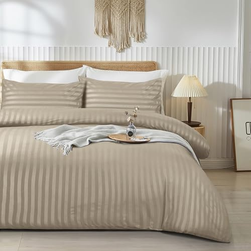 JEB TIFL Premium Hotel Quality Satin Stripe Duvet Cover Set - Quilt Cover Bedding Sets with Pillowcases - Soft Microfiber Quilt Bedding, Hypoallergenic Button Closure Bed Covers (Beige, King)