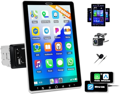 CAMECHO Autoradio 1 Din, 10 Pouces sans Fil A-pple Carplay Android Auto avec Caméra de Recul, Pivotant IPS Touchscreen Radio avec FM/AM/RDS Bluetooth 5.2 EQ Mirror Link +Commandes au Volant