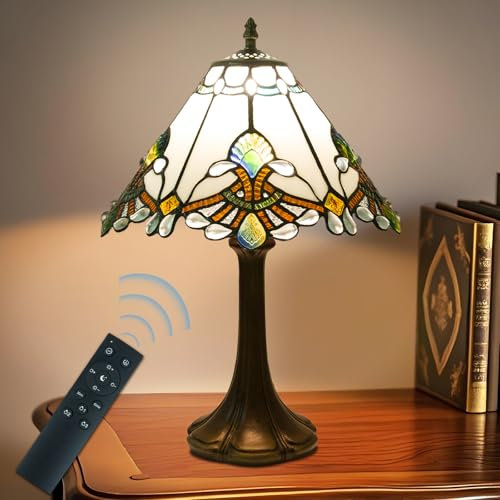 JHuiLap 12 Inch Tiffany Style Table Lamp, Baroque Stained Glass Lamp with Remote Control, Stepless Dimmable & 3 Color Temperatures, Desk Lamps for Bedroom Farmhouse Bedside Nightstand Bedside (White)