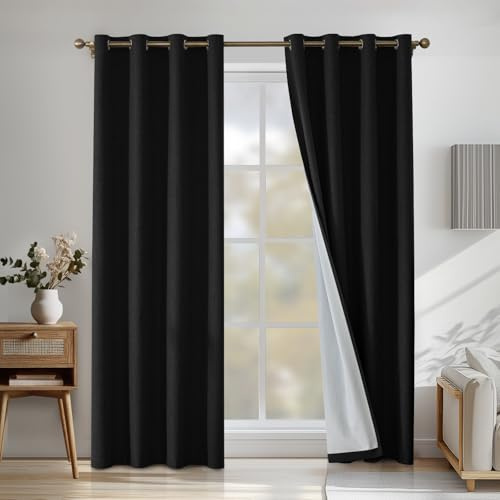 CYCMACO 100% Mörkläggningsgardiner 2 Stycken, 140x225cm, Linneeffekt, Värmeisolerade Interiörgardiner Med Ringar, Ljudabsorberande, Sovrumsgardin, För Vardagsrum, Svart