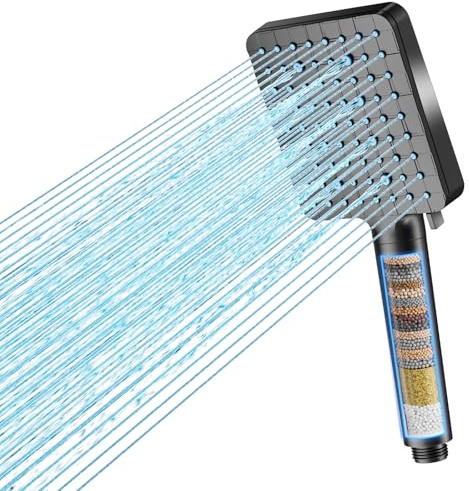 Cobbe Duschkopf mit Filter, Hochdruck Handbrause mit Filtration in 20 Schichten, 6 Strahlarten Quadratisch Sparduschkopf, Schwarz