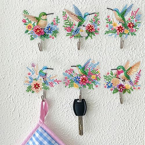 CAYUDEN 5D Pintura de Diamante Ganchos Autoadhesivos, 6 piezas Diamond Painting de Vogel Perchero para Niños DIY Diamond Art Kit Manualidades Adultos, Transparentes Ganchos para Baño, Cocina, Entrada