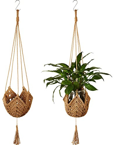 Zhiyu666 Colgador de macramé para plantas de interior con 2 ganchos en S, soporte de cuerda de yute para macetas de 3 a 12 pulgadas, decoración bohemia al aire libre para decoración del hogar de