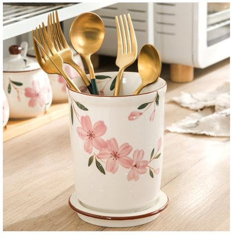 DUBTEDHOU Porta Utensilios de Cocina, Soporte de cerámica for Palillos y Utensilios con Orificios de Drenaje y Bandeja de 5 x 5 x 6 Pulgadas