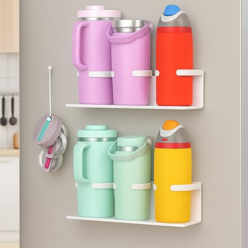 ZONZEST Magnetic Cup Holder for Fridge & Wall, 2-Pack Tumbler Organizer with Lid Holder, Fits 30/40 oz Stanley 6 Cups, Heavy-Duty Metal Water Bottle Storage Rack, Space-Saving Magnetic Cup Organizer.