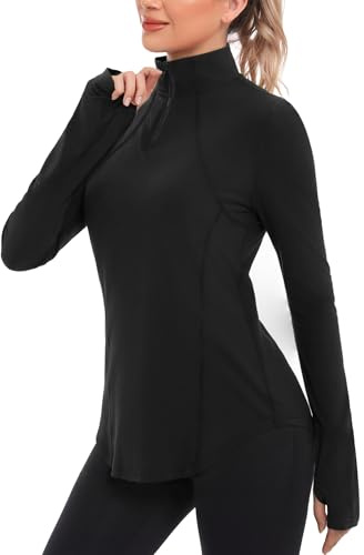 Crewhpo Womens 1/4 Zip Running Tops Long Sleeve Thumb Holes UPF 50+ Shirts