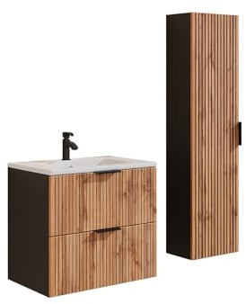Vente-unique - Meuble de Salle de Bain Suspendu strié avec Vasque à encastrer et Colonne - Naturel Clair et Noir - 60 cm - MADELA