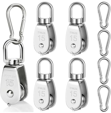 4 Stück M15 Umlenkrolle, Edelstahl Umlenkrollen für Seile, Umlenkrolle Stahlseil mit 4 M4 Karabiner Flaschenzug Klein Tragkraft 35Kg für Sonnensegel Fitness Seilwinde