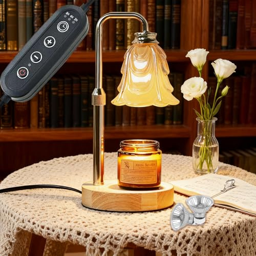 Candle Warmer Lamp with Timer Dimmer,Height Adjustable Electric Candles Melter Light,Glass Lampshade Candle Heater for Wax Jar Candles Flameless Burner with 2 Bulbs,House Warming Gifts for Women