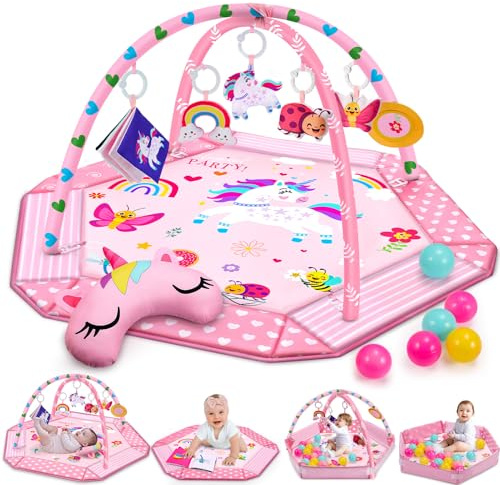 Einhorn Spielbogen Baby mit Mond-Kissen | 4 Sensorik-Spielzeuge, 1 Spiegel, 1 kognitives Stoffbuch und 12 Bälle | Einhorn Spielmatte Baby für Babys ab der Neugeborene & Kinder, 0-6-9-12 Monate