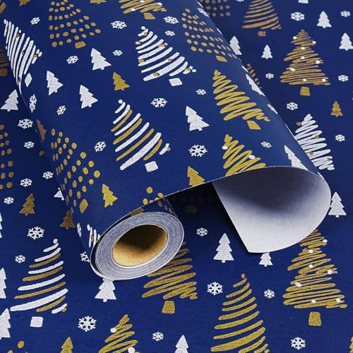Weihnachtsgeschenkpapierrolle - 43cm x 10m, mattes Dunkelblau Weihnachtsgeschenkpapier Kraftpapier, weiße und goldene Folie Weihnachtsbaum, Schneeflocken Geschenkpapier für Weihnachten, Neujahr