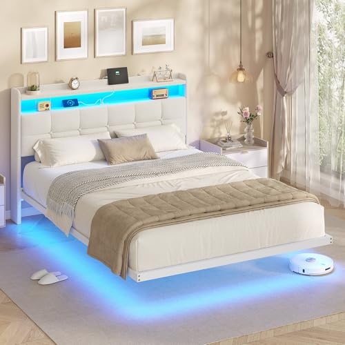 AOGLLATI Polsterbett 140x200 cm, Doppelbettgestell, Bettrahmen mit LED-Beleuchtung und Ladestation, Bettgestell mit Kopfteil, Bett Schwebebettrahmen, Metallbett, Leinen, Beige (ohne Matratze)
