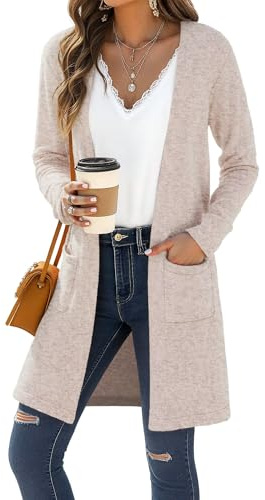 YGJIEGENG Open Front Womens Long Cardigans Long Sleeve Loose Long Cardigan Sweater with Pockets Casual Outerwear Coat for Winter Autumn,Khaki,L
