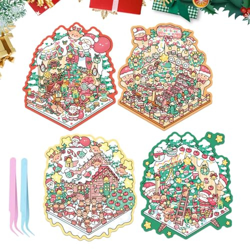 UBERMing 4 PCS Pegatinas 3D Escenas, Pegatina para Casa DIY 3D Sticker Scene, Escena de Pegatinas en Miniatura 3D House Stickers Bricolaje Árbol de Navidad con 2 Pinzas para Adultos y Niños (Estilo 5)