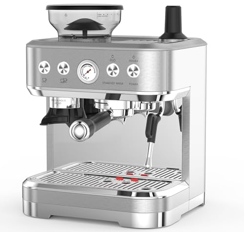 Hapihom Bean to Cup Coffee Machine, Espresso Machine with Built in Bean Grinder & Milk Frother, Latte & Cappuccino Coffee Maker with 15 Bar Italian Pump, Easy Clean Stainless Steel 41x39x44cm