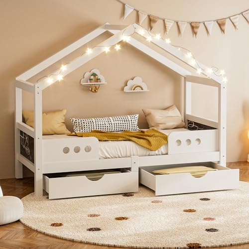 Merax Kinderbett 90x200cm mit Rausfallschutz, Kinder Hausbett mit Zwei Schubladen, Stabiles Holz Baumhausbett mit Lattenrost, Kritzeltafel, Multifunktionales Tagesbett für Jungen und Mädchen, Weiß