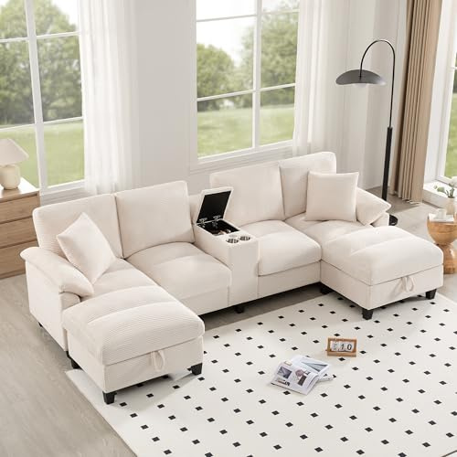 Ligterra Wohnlandschaft U Form, Sofa mit Schlaffunktion, Großer Stauraum, übergroßem Cordstoff & 4 Kissen, Getränkehaltern aus Edelstahl, für Wohnzimmer, Wohnungen, 293x142x93cm (Beige)