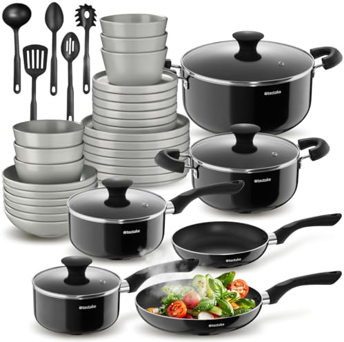 tectake® Komplett köksset 45 delar med servis i stengods, tallrik skålar och muggar samt kastrullset med non-stick, stapelbart, diskmaskin- och mikrovågssäkert för 6 personer - Svart/Grå