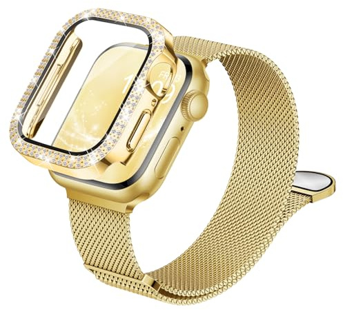 Connectif Compatible for Apple Watch Metal Straps and Case 40mm, Magnetic Milanese Band and Diamond Screen Protector for iWatch SE3 Series 6/5/4, Luxury&Versatile, Eye-Catching for Work & Date, Gold