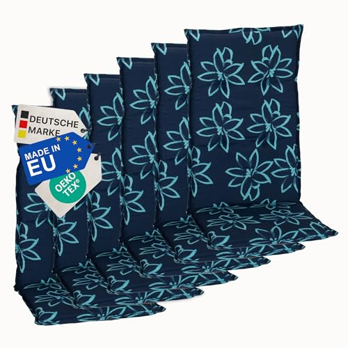 NYVI Gartenstuhl Auflagen Hochlehner 6er Set Barcelona - UV-Beständig, Atmungsaktiv, Strapazierfähig - Hochlehnerauflagen Sitzkissen Outdoor - Sitzauflagen für Gartenstühle 118x50cm Blume Hellblau