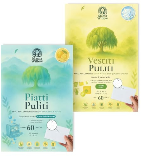Mama Willow Waschmittel-Blätter + Spülmaschinen-Blätter Bundle (2x30 Stück) – Plastikfreie Verpackung – Kraftvolle Reinigung mit pflanzlichen Tensiden & Enzymen – Frei von Parabenen, Phosphaten & Blei