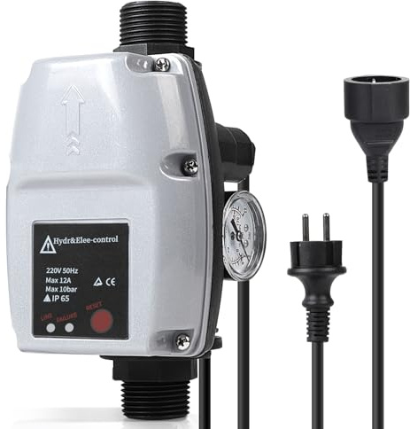 SWAWIS Druckschalter Wasserpumpe Pumpensteuerung Druckschalter Hauswasserwerk Max. 10 bar Druckwächter mit Manometer & Kabel für Tauchpumpe Kreiselpumpe Tiefbrunnenpumpe Gartenpumpe Grau