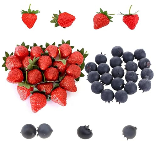 JINJUMEI 40 Piezas Artificiales Natural Fresas, decoración de arándanos realistas, Fresas Realistas Rojas Artificiales, Frutas Artificiales para La Decoración del Hogar, Cocina, Fiesta
